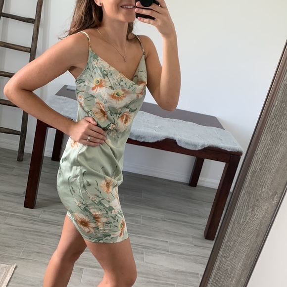 Mint Green Satin Floral Print Cami Dress Draped Collar Strap / SHEIN - Picture 3 of 10
